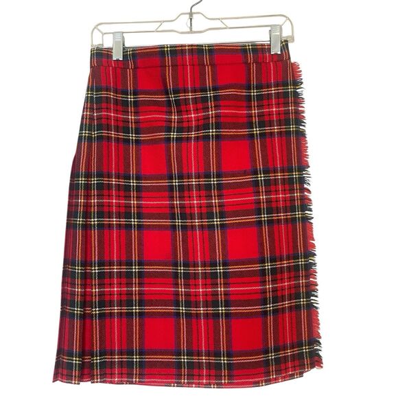 Scotish Tartan Plaid Wool Wrap Skirt Womens Size 12 Red Pleated Buckle Raw Hem - Picture 2 of 9